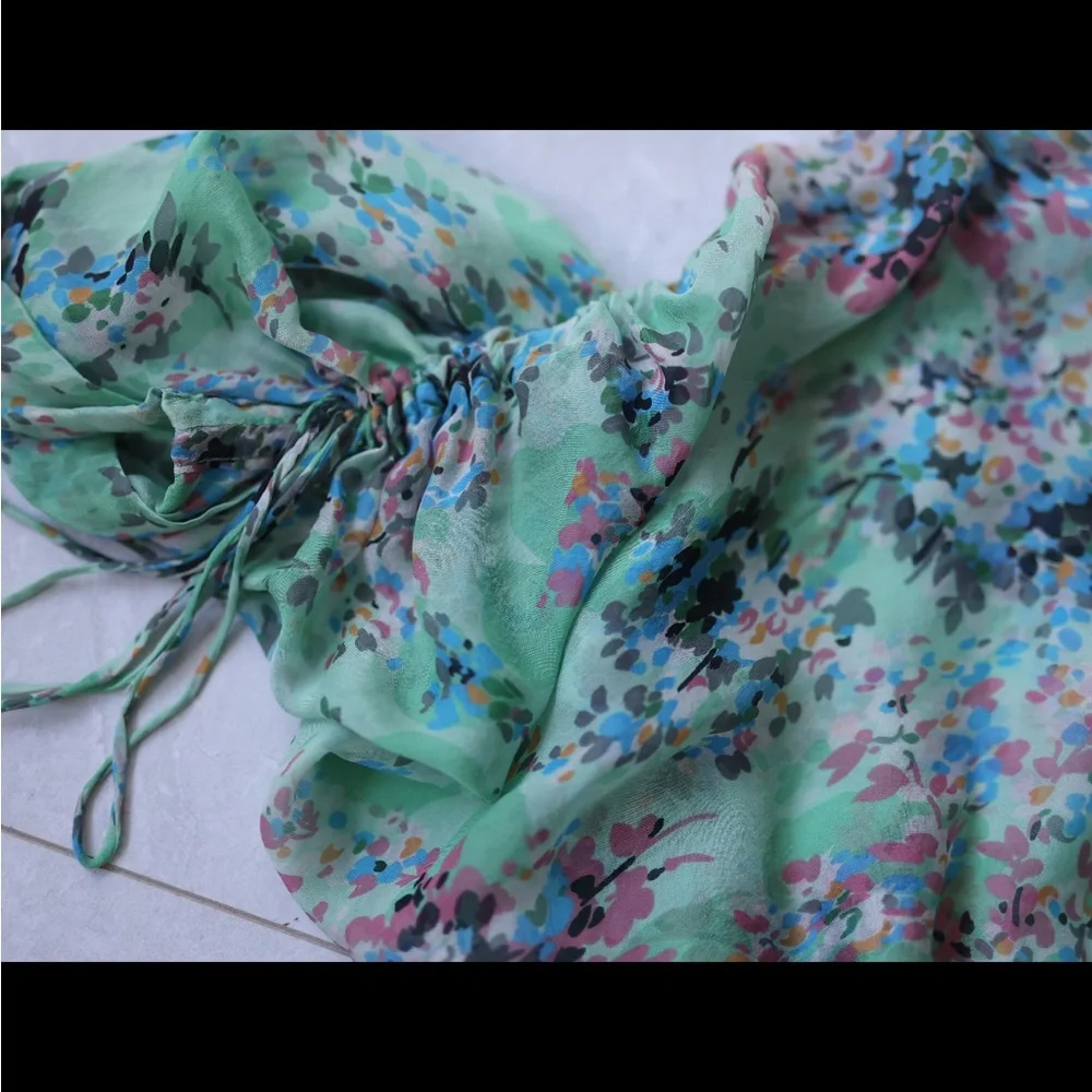 Vintage floral green semi sheer silk wide sleeve blouse top - Picture 5 of 7